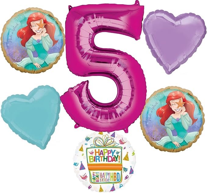 Anagram Princess Ariel 5th Birthday Party Supplies 6pc Little Mermaid Balloon Bouquet Decorations