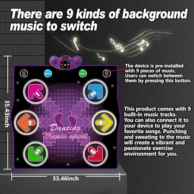 Dance mat Toys for Kids Ages 3-12 and Adults, Electronic Dance Pad with Light-up 6-Button Connectable to Cell Phone, Musical Dance Toys with 6 Game Modes