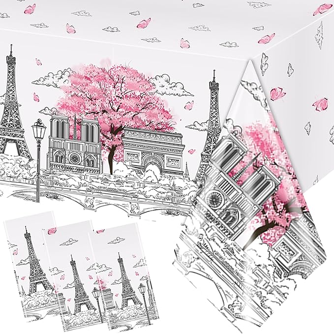 Paris Party Decorations, 3Pcs Paris Themed Party Tablecloth Plastic Table Cloth for Birthday Wedding Baby Shower