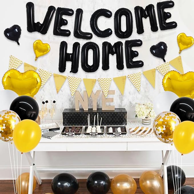 TONIFUL Welcome Home Decorations,16 Inch Black Welcome Home Foil Balloon Banner Black Gold Confetti Balloons Pennant Flag Bunting for Homecoming Party House Warming Party Family Gathering Supplies