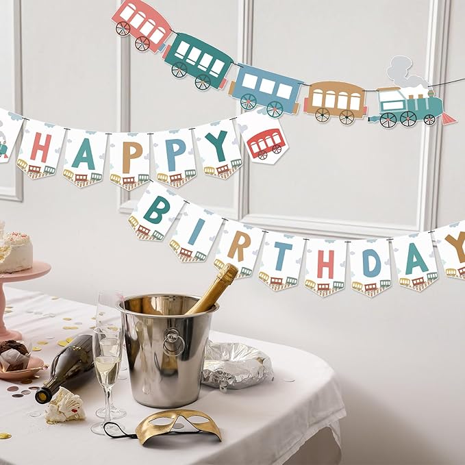 2 Pack 6 Feet Train Birthday Party Banner Decorations Retro Train Happy Birthday Garlands for Railroad Steam Vintage Party Supplies