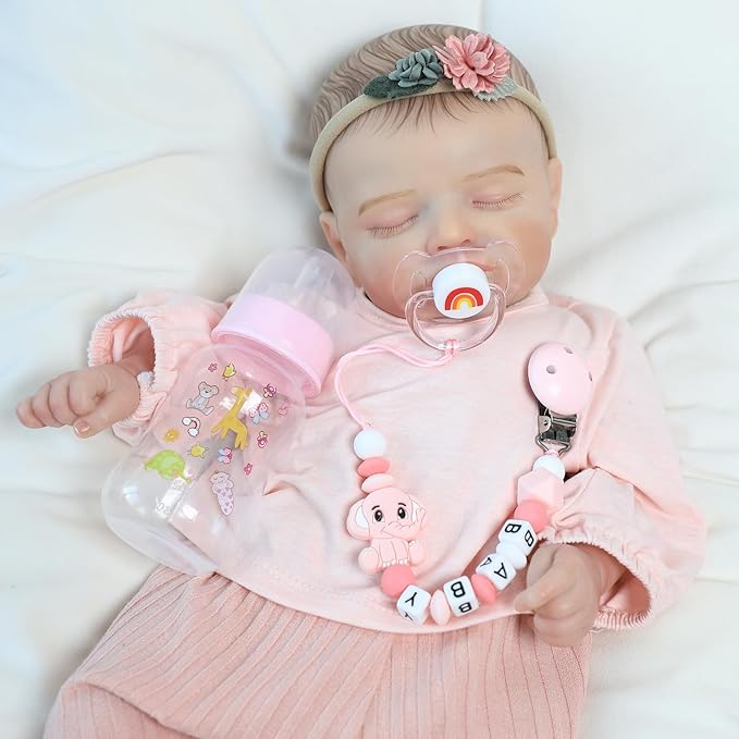 SCOM Reborn Baby Dolls Accessories Set - Rainbow Transparent Magnetic Pacifiers & Removable Reusable Baby Doll Bottles with Silicone Pacifier Clips for Reborn Dolls Girls, Pink Style, 3 Pcs