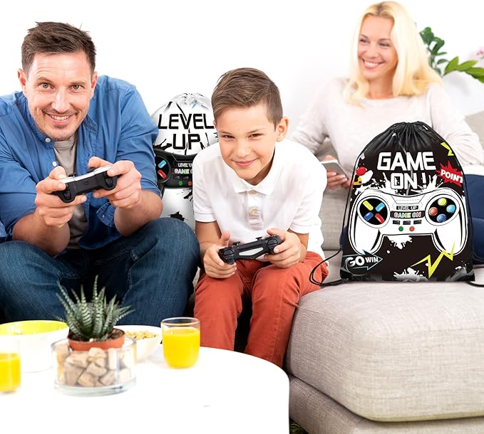 Eccliy 20 Pcs Video Game Party Favor Bags Gamer Birthday Party Drawstring Bags for Kids Boys Girls 12 x 10 Inch Gaming Goodie Treat for Game on Theme Decorations Supplies(Black, White,Vivid Style)