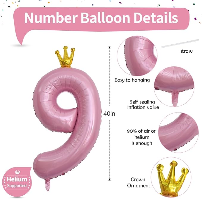 40 Inch Number 9 Balloons, Pink Crown Giant 9th Birthday Party Number Balloons 0-9 Set, Self Inflating Balloons for Girls Women 35th Birthday Party Decor Anniversary Party Decoration Supplies