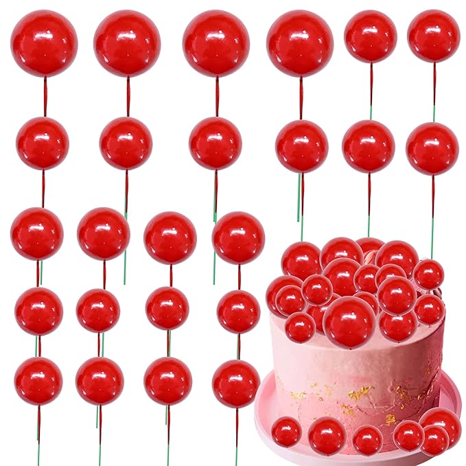 Gyufise 30Pcs Mini Balloon Cake Topper Foam Ball Cake Picks Cupcake Faux Pearl Balls DIY Cake Insert Topper Decoration for Anniversary Graduation Birthday Party Baby Shower Red