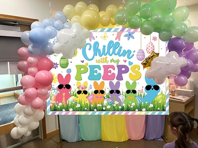 Chillin with My Peeps Banner Backdrop 7x5FT Bunny Happy Easter Peeps Background Spring Party Decorations Supplies Photo Props