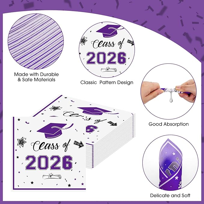 50 Pcs Graduation Napkins Decorations - Purple Class of 2026 Congrats GRAD 3-Ply Paper Cocktail Dinner Napkins Set for 2026 Graduation Party Supplies Table Decor Favors, 6.5 x 6.5 Inch