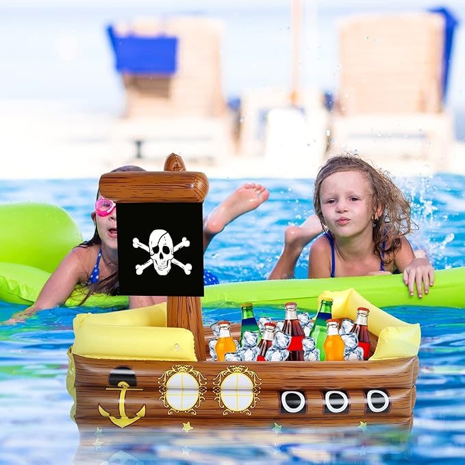 Zhanmai Inflatable Pirate Ship Drink Cooler Inflatable Serving Bar Food Container for Summer Carniva Mardi Gras Pirate Birthday Party Favor Supplies Decorations(Yellow,Funny)