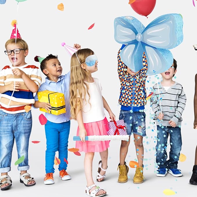 Hooqict Blue Bow Pinata with Blindfold and Bat Stick Frozen Pinata for Birthday Party Games Girls Kids Bow Themed Party Decorations Supplies (Small Size 16"x13"x3")