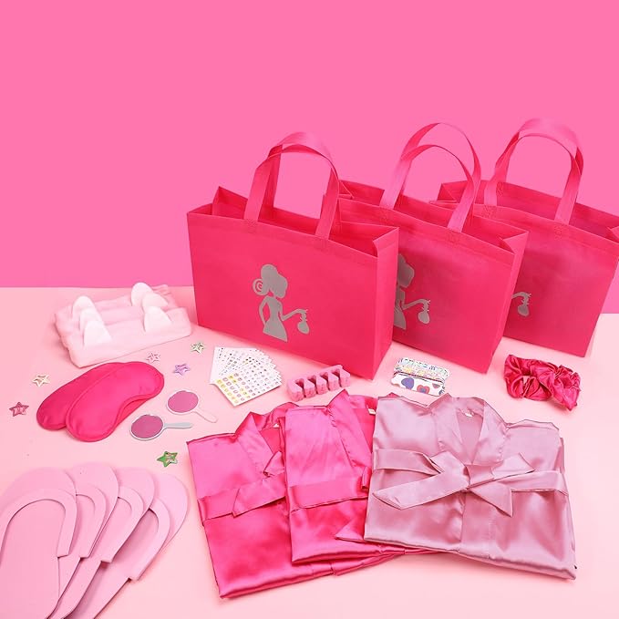 122 Pcs Pink, Hot Pink Girls Spa Party Kit, 10-Pack Slumber Party Favors with Satin Robes, Tote Bags, and Nail Salon Accessories for Kids Spa Birthday, Halloween, Home Party Supplies
