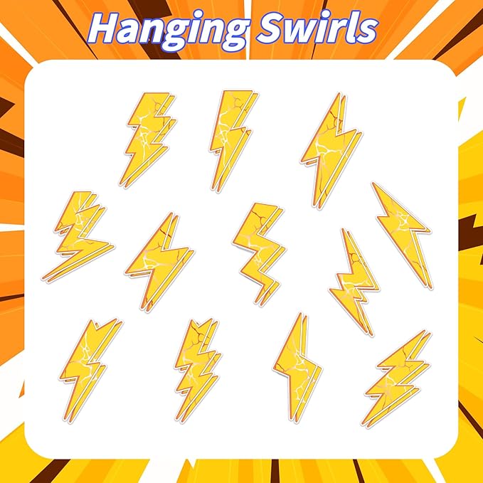 24 Pieces Lightning Hanging Swirls Flash Weather Streamers Gold Lightning Hanging Decorations Ceiling Swirls for Yellow Lightning Birthday Party Decorations Party Supplies Baby Showers Decorations
