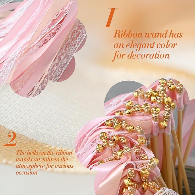 50Pcs Ribbon Sticks Wands Streamers with Bells Silk Fairy Lace Stick Party Ribbon Streamers for Wedding Party, Birthday and Holiday Activities-Pink