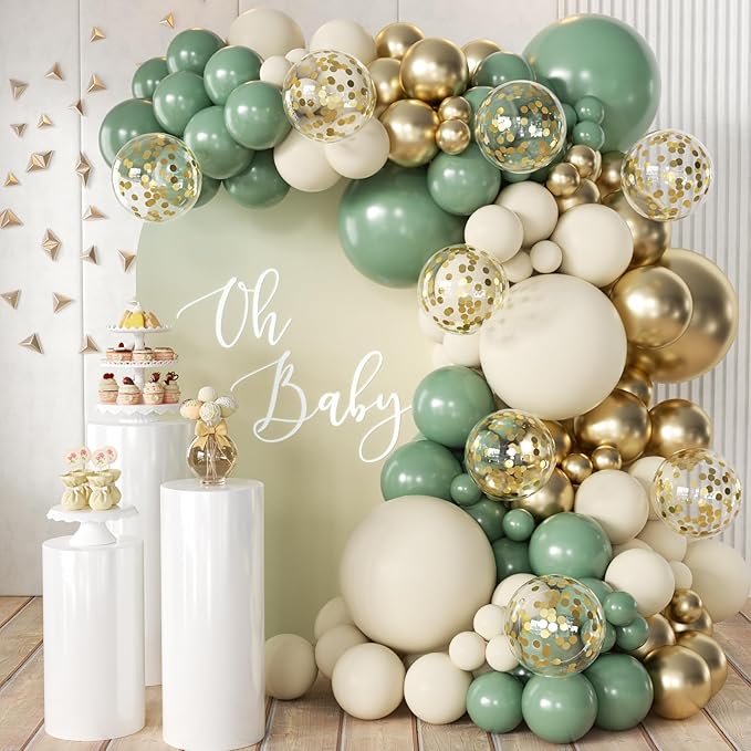 Sage Green Balloon Arch Kit, 155Pcs Sage Green White Sand Metallic Gold Garland with Gold Confetti Balloons for Graduation Baby Shower Wedding Jungle Birthday Party Decorations