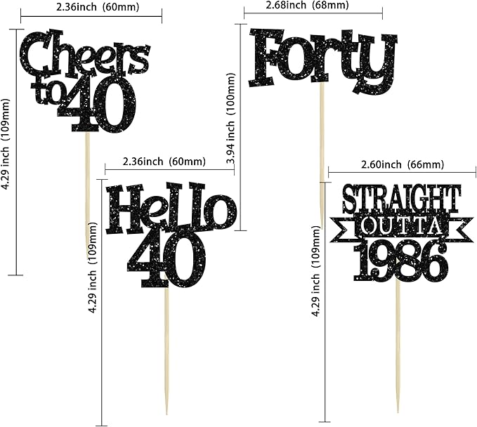 Ephlyn 24Pcs Happy 40th Birthday Cupcake Toppers Glitter Forty Cupcake Picks Hello 40 Cheers to 40 Years Birthday Cake Decorations for 40th Birthday Anniversary Party Supplies Black