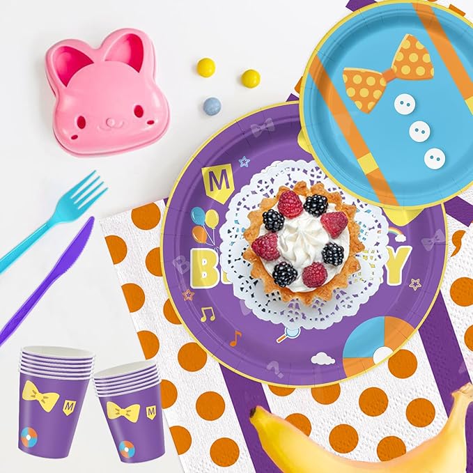 168PCS English Teacher Party Supplies for Boys Girls Purple Cartoon Teacher Themed First Birthday Party Decorations with Paper Plates Cups Tableware Set for 24 Guests