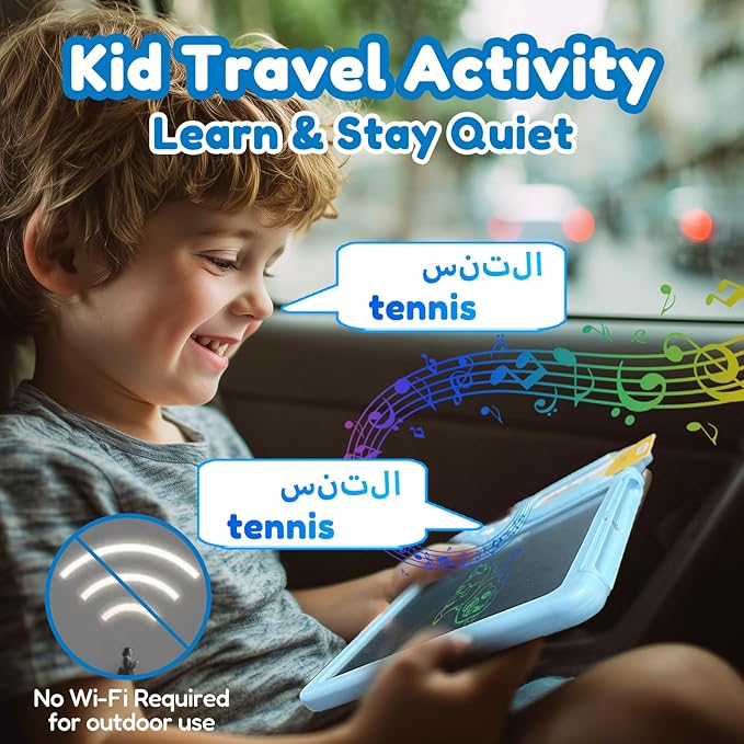Drawing Tablet with Bilingual Flashcards for Kids - Arabic English Talking Flash Cards, LCD Writing Pad Board, Pocket Speech for Toddlers, Learning Toy Gift for Boys Girls (Arabic, Blue)