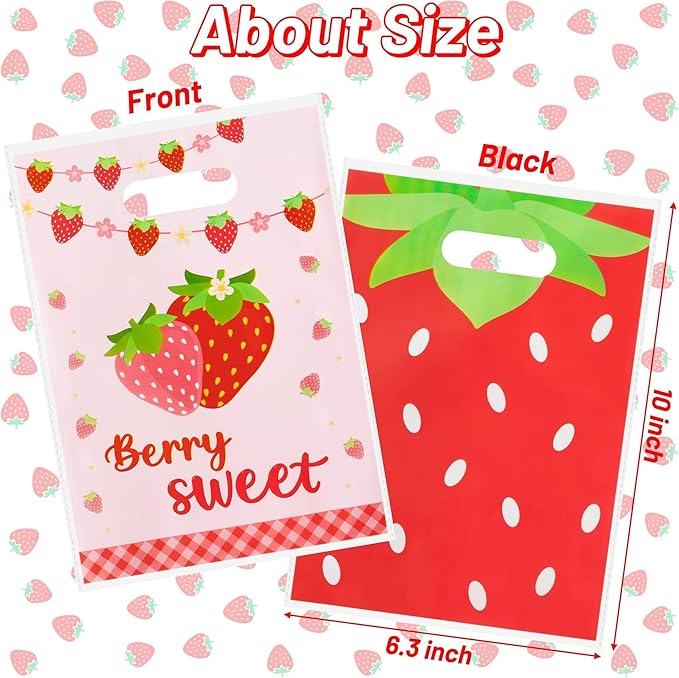 Strawberry Party Favors Bags - 50Pcs Red Pink Strawberry Goody Candy Treat Bags, Summer Berry Theme Party Favor Supplies Decorations for Kids Birthday Baby Shower Wedding
