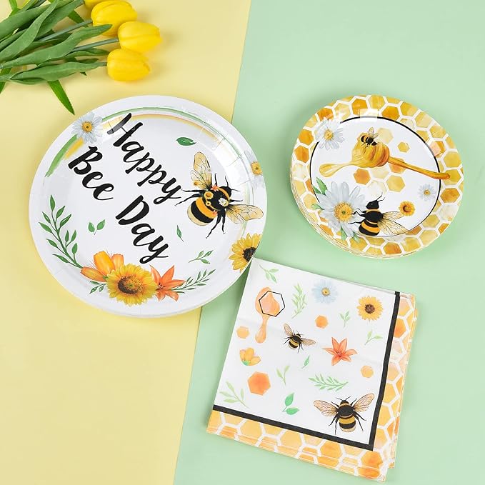 WERNNSAI Bee Plates and Napkins - 48 PCS Happy Bee Day Party Supplies for Kids HoneyBee Party Tableware Set Dinner Dessert Cake Plates Lunch Napkins Serves 16 Guests