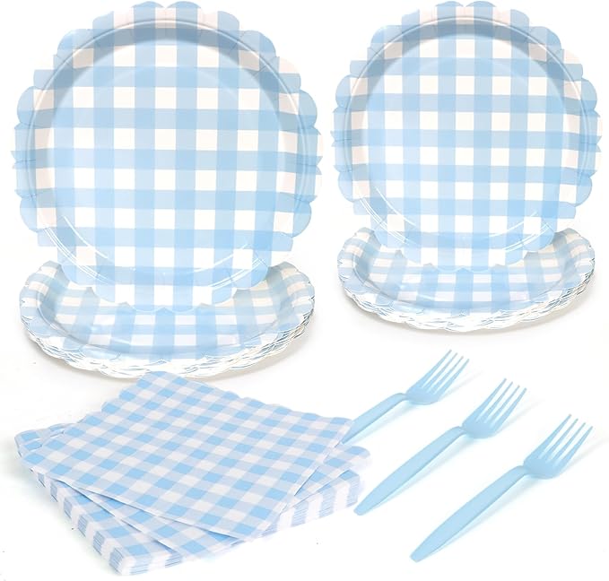 96Pcs Blue Gingham Plates and Napkins Forks Lace Plaid Paper Plates for 24 Guest Picnic Wedding Baby Shower Tea Kids Birthday Party Supplies Decrations