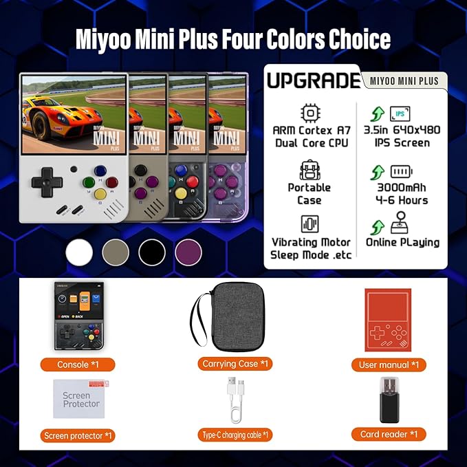 Miyoo Mini Plus, Retro Gaming Console with 64G Memory Card, 3.5-inch IPS Screen, 3000mAH Long Endurance Battery，with Storage Case, Support 10000+ Games (Black 64G)