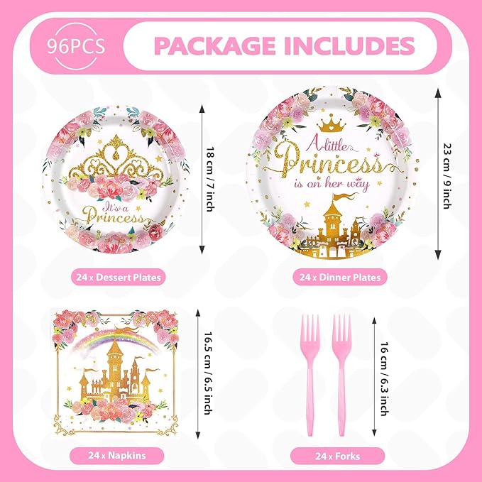 Grencian 96Pcs Princess Baby Shower Birthday Party Decorations A Little Princess is on Her Way Paper Plates and Napkins Castle Themed Birthday Tableware for Girls One Year Old Fairytale Party Supplies