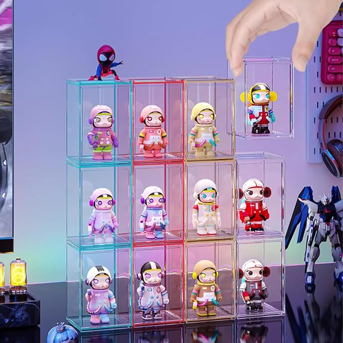 3 PCS Acrylic Display Boxes Colorful Figures Display Case for Funko Pop Figures, Stackable Blind Box Fully Assembled Dustproof Storage Organizer Box for Lego Collectibles Action Figures Pop Mart
