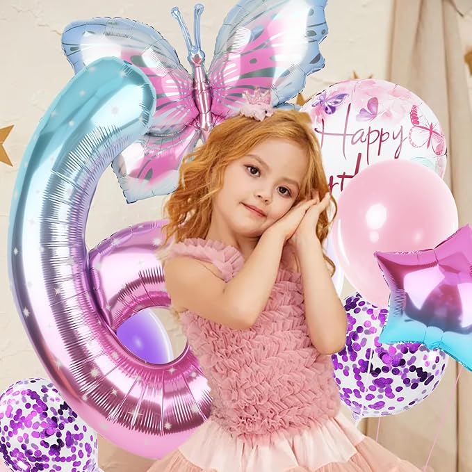 Butterfly Balloons 6th Birthday Decorations Gradient Pink Purple Colorful Butterfly Foil Mylar Balloons Large Big Number 6 Balloons for Girls 6 Years Old Birthday Party Supplies Decor