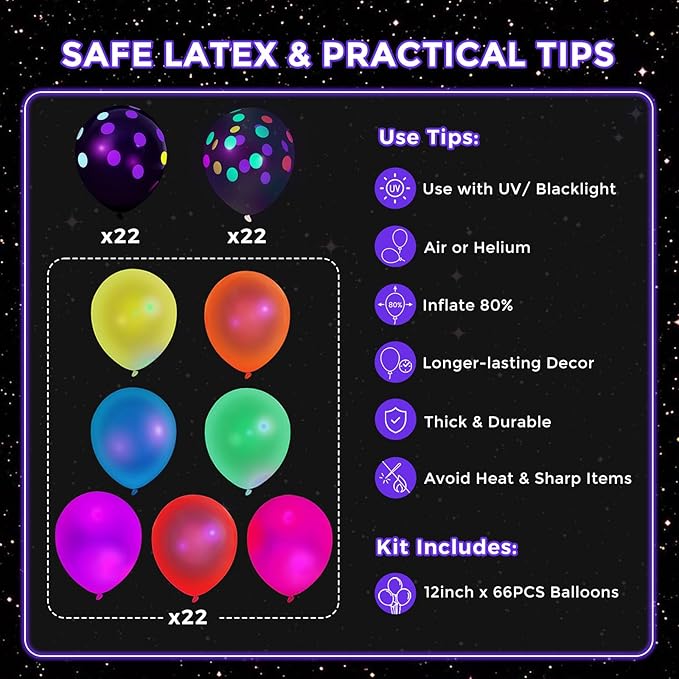 LovesTown 66PCS Glow Party Assortment, UV Neon 12" Fluorescent Latex Decorations with Dots for Birthday, Wedding & Party Supplies (Pack of 2)