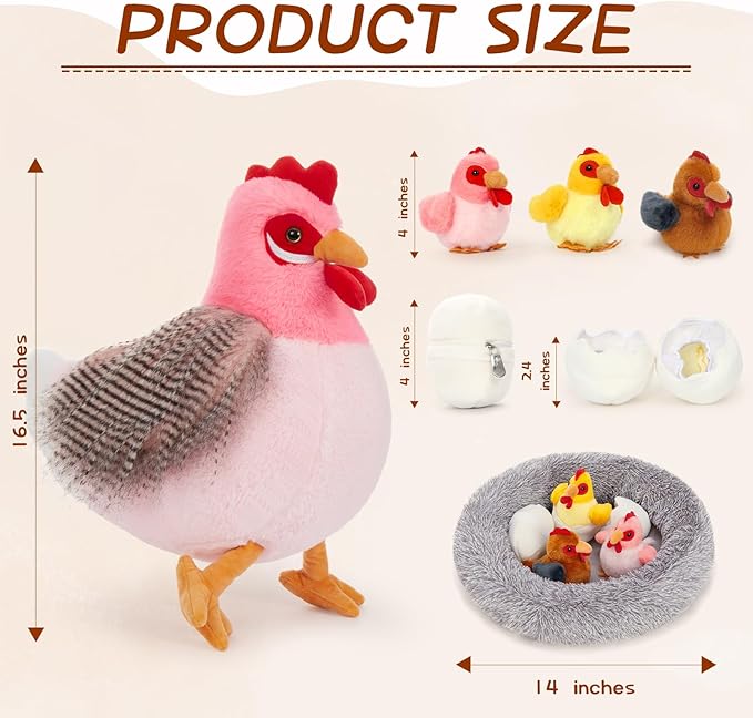 8Pcs Chicken Stuffed Animal, Stuffed Pink Hen with Little Baby Chicks and Coop, Plush Toys for Kids, Hit of Christmas Farm Party