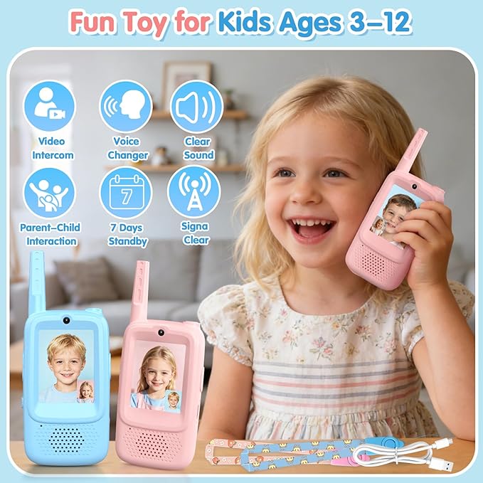 Video Walkie Talkies for Kids, 2 Pack Rechargeable Kids Walkie Talkies with Video Intercom Voice Changer, Indoor Outdoor Toy for Family Games, Camping, Hiking Gift for Boys Girls Ages 3-10 (Blue/Pink)