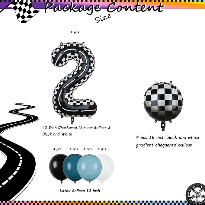 40 Inch Checkered Racetrack Number Balloon 2 Black and White Race Car Balloon Bundle Blue Black Race Car Latex Balloon Boy Two Fast Race Car 2nd Birthday Race Car Theme Party Decor Supplies 21 Pcs Kit