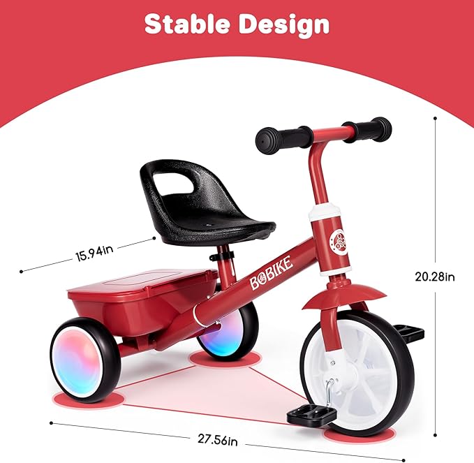 Bobike Toddler Tricycle for Ages 2-5 Years, Tricycle with 2 LED Light Wheels, Toddler Bike with 3-Position Seat and Rear Basket, Kids Bike Gift for Boys & Girl (Red)