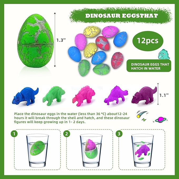 144 Pcs Dinosaur Party Favors for 12 Kids - Dino Birthday Party Supplies Include Bubble Wands, Hatching Eggs, Art Kit, Silicone Rings, Bracelets, Stickers