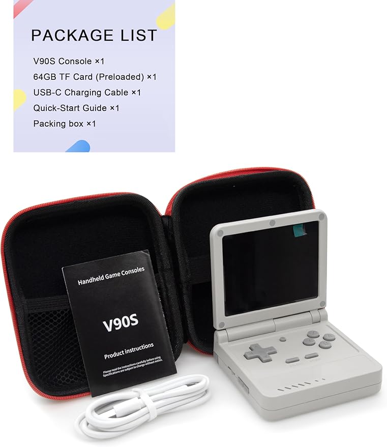 Powkiddy V90S Retro Handheld Console - 10,000+ Preloaded Games, Foldable Clamshell Design, 3.5" IPS Screen, 4-6 Hour Battery, Dual TF Slots (Gray)