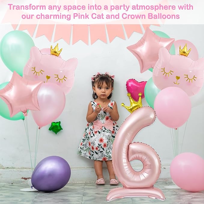 Pink Cat Balloon Set, Crown Cat Foil Balloon, 6 Year Old Girl Birthday Party Decoration, Cat Theme Party Decoration, Theme Party Supplies for Girls Kitten Pet Cat (6)