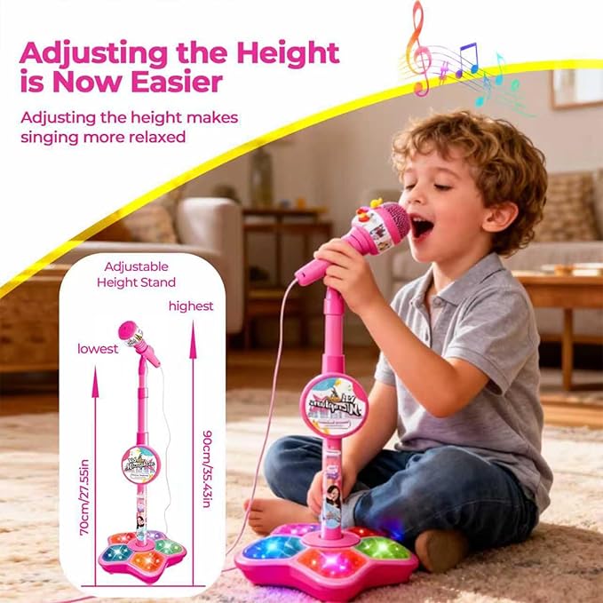 Kids Microphone with Stand - 2026 New Karaoke Machine for Budding Singers, Built-in Music & Echo, 6 Colorful Lights, Adjustable Stand for Girls Boys Birthday Gift(Black) (Black)