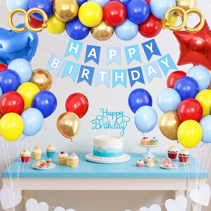 Red Blue Yellow Gold Birthday Decorations,Carnival Circus Party Balloons Banner Cake Topper Star Heart Foil Balloon for Baby Shower Carnival Party