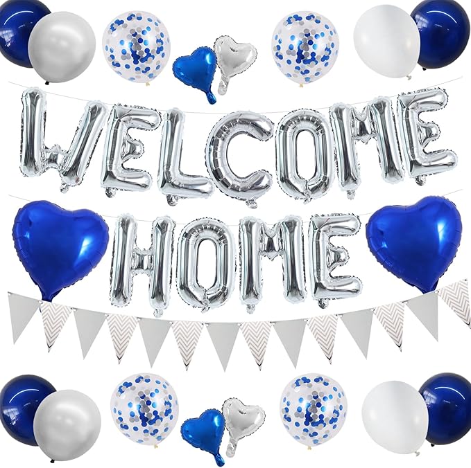 TONIFUL Welcome Home Decorations,16 Inch Silver Welcome Home Foil Balloon Banner Blue Silver Confetti Balloons Pennant Flag Bunting for Homecoming Party House Warming Party Family Gathering Supplies