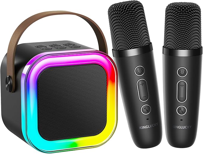Kinglucky Mini Karaoke Machine for Kids, 2025 TOP Birthday Gifts Ideas for 3-12 Year Old Girls, Christmas Party Gifts Kids' Personal Video Players Accessories with 2 Wireless Microphones - Black