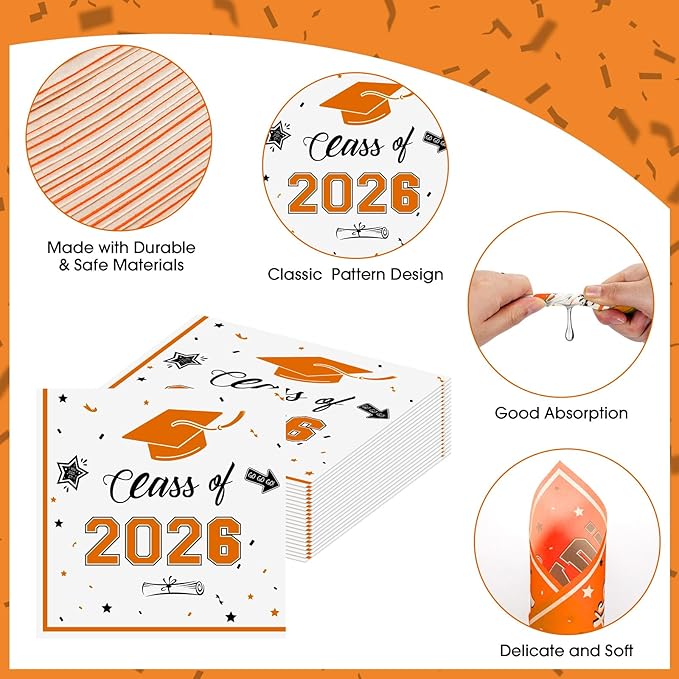 50 Pcs Graduation Napkins Decorations - Orange Class of 2026 Congrats GRAD 3-Ply Paper Cocktail Dinner Napkins Set for 2026 Graduation Party Supplies Table Decor Favors, 6.5 x 6.5 Inch