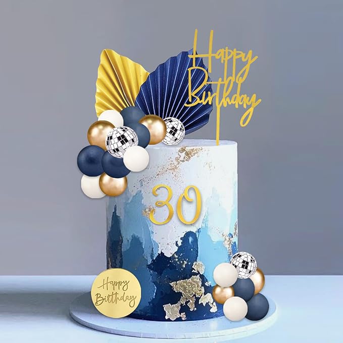 42Pcs Gold Blue White Balls Cake Topper Decorations with Disco Balls Palm Leaves Acrylic Numbers 0-9 and Happy Birthday Cake Toppers for Boho Wedding Baby Shower Birthday Party Supplies