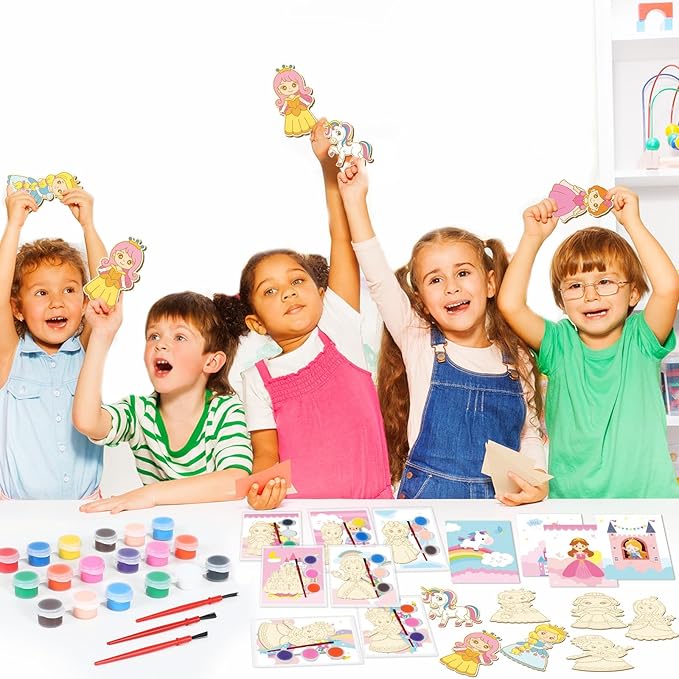 36Pcs Princess Party Favors Birthday Supplies Decorations-Cards with Art Crafts Castle Fairies DIY Wooden Painting Craft Kits Thank You for Coming Gifts Bulk Goodie Bags Stuffers Prizes for Kids Girls