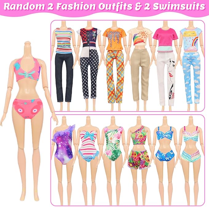 Ecore Fun 101 Pcs Doll Clothes and Accessories Set for 11.5 Inch Dolls - 5 Wedding Gowns 12 Fashion Dresses 2 Tops 2 Pants 2 Swimsuits 10 Shoes and Other Accessories Dress up Toys for Girls Kids