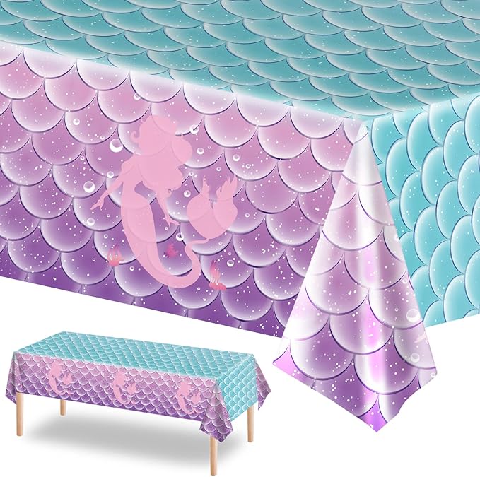 Jectivs 1Pcs Mermaid Birthday Party Tablecloth Decorations,Disposable Plastic Table Cover for Princess Under The Sea Baby Shower Themed Kids Birthday Party Supplies,108x54 Inch
