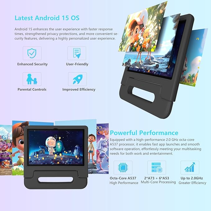 Kids Tablet 10.1 inch HD Android 14 Tablets for Kid 64 GB Storage 8GB RAM Octa-Core Processor with EVA Kid-Proof Case, Parental Controls Bluetooth and WiFi, Black