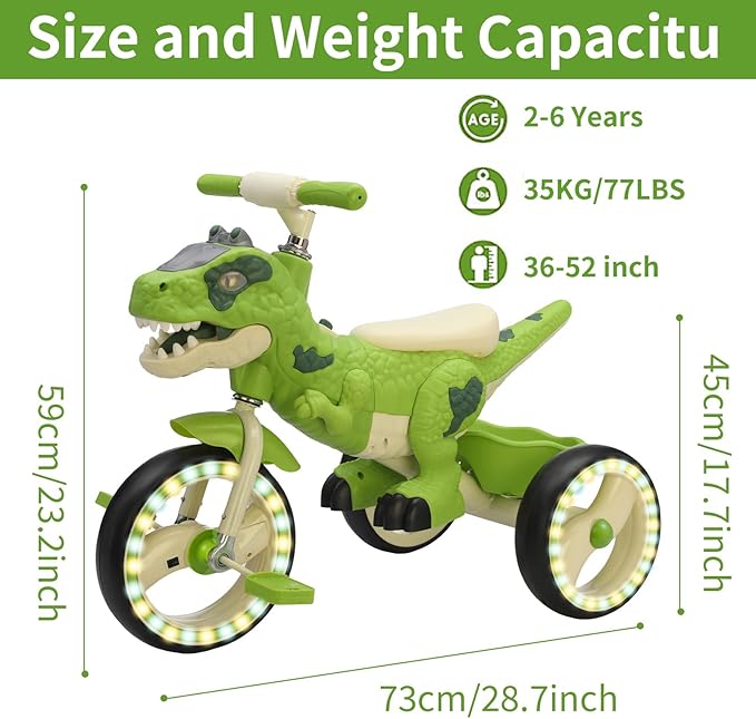 Dinosaur Kids Tricycle for Rider- Toddlers Kid Trike Bike Big Wheel with Music, Storage Basket,Light Wheel, Indoor/Outdoor Preschool Daycare Kids Bike,Best Gift for 3-7 Year Old Girls & Boys (Green)