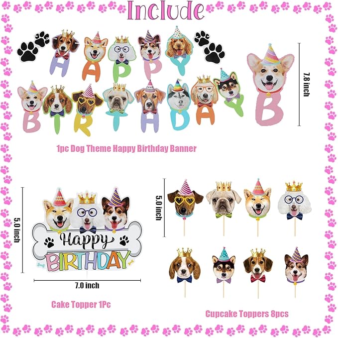 Lets Pawty Dog Birthday Party Decorations Girl Boy, Pawty Puppy Themed Happy Birthday Banner, Dog & Paw Print Balloons, Cake Toppers (Red)
