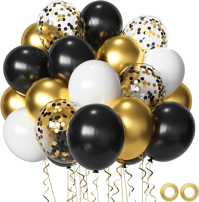 Black White Gold Party Balloons,Black and Gold Balloon 50 Pcs 12 inch Black Gold Latex Balloons For New Year Graduation Wedding Retirement Anniversary Party Decorations
