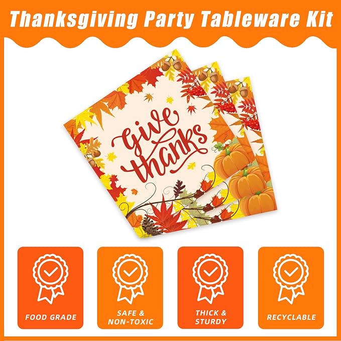 96 Pcs Fall Thanksgiving Party Supplies Give Thanks Party Plates Fall Pumpkin Turkey Autumn Party Plates Napkins Set Disposable Dinnerware Tableware for Thanksgiving Dinner Party, Serves 24