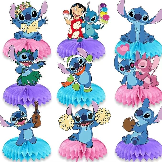 For Stitch birthday party supplies, 9Psc honeycomb center decorations, Stitch party decorations, double-sided desktop , center decorations for parties